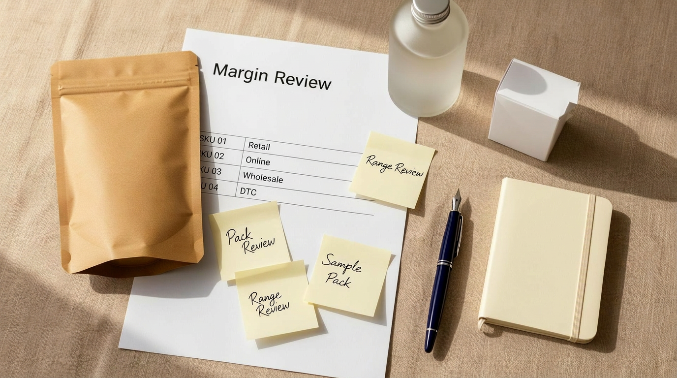 Overhead view of a product review table with pouches, cartons, label sheets and a printed margin sheet